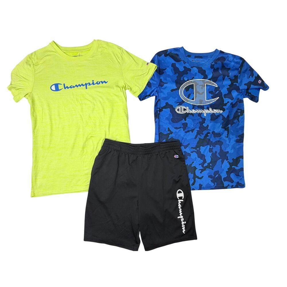 Champion Boys Outfit Set Size 18/20 Neon Tee Blue Camo Shirt Black Shorts